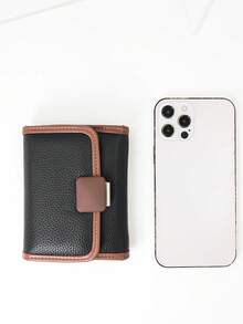 Billetera corta plegable de tres partes con bloques de color para mujer, billetera multifuncional de una pieza de PU suave con gran capacidad de almacenamiento de identificación, compacta y ligera, empaque en caja de regalo adecuado para regalos de vacaciones - Negro - Ver 7