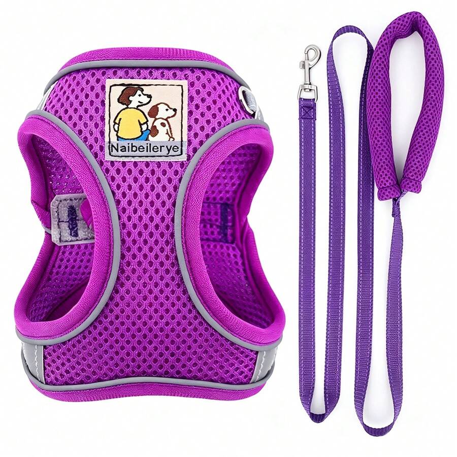 Breathable Mesh Dog Harness & Leash Set, Reflective Edge Step-In Puppy Vest With Soft Handle Leash, Adjustable Escape-Proof Harness, Suitable For Small And Medium Dogs And Cats, Lightweight Nighttime Daily Gear - Purple - View 1