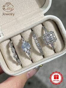 Set de 4 anillos con piedras de circonita cúbica elegantes en caja de regalo, adecuado para mujeres, aplicable para boda, compromiso, fiesta de aniversario, regalo de joyería para el Día de San Valentín y talla grande - 1# - Ver 12