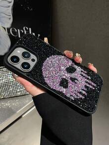 1 pieza Funda de teléfono 2 en 1 con textura de piel, cara de fantasma púrpura, con strass, anti-caída, compatible con 15promax/17promax - Morado - Ver 5