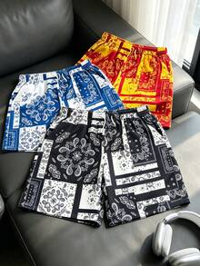 男士復斯克印花休閒短褲 - 輕量抽繩短褲，適合街頭穿搭、節慶及日常運動穿著 - 黑色 - 查看 1