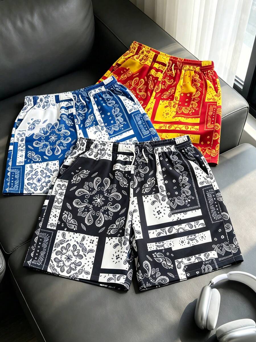男士復斯克印花休閒短褲 - 輕量抽繩短褲,適合街頭穿搭、節慶及日常運動穿著 - 黑色 - 查看 1