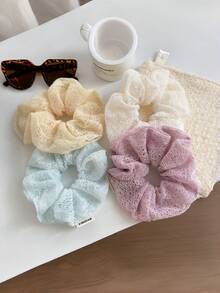 1個/4個裝 格紋休閒聚酯纖維 (Polyester) 活力女孩大號黃色緞面格紋髮圈，適用於髮髻與低馬尾髮帶，春/夏 - 彩色 - 查看 3