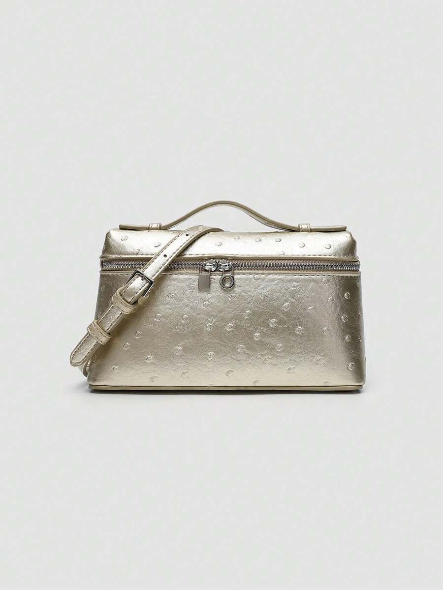 1 pieza Bolso cruzado cuadrado de PU con estampado de avestruz de unicolor, adecuado para el uso diario de moda de las mujeres, salidas, compras, fiestas, bolso elegante de mujer, bolso de - Rosa - Ver 1