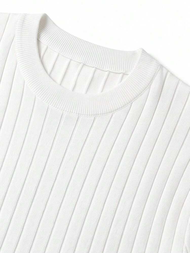 Suéter de manga corta con cuello redondo acanalado para hombre - Blanco - Añade 3