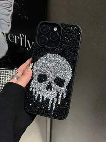 1pc Silver Ghost Face Skin-Feel Rhinestone Shockproof 2-In-1 Phone Case Compatible With 15promax/17promax - Silver - View 7