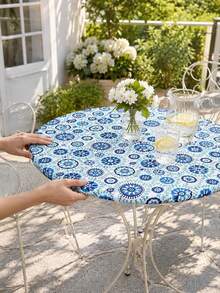 1 pieza-Cubierta de mesa elástica ajustada redonda con estampado de azulejos de porcelana azul, mantel de poliéster elástico con borde elástico, cubierta de mesa lavable de ajuste ceñido para cocina, patio, jardín, comedor, piscina, picnic, uso interior y exterior - Multicolor - Ver 6
