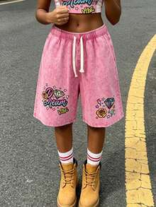 Unisex Dream Vibe Diamond Rose Print Washed Denim Bermuda Shorts, Elastic Drawstring Loose Straight Casual Summer Jorts For Women - 玫瑰紅 - 查看 3