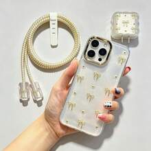 6pcs/Set Casing Ponsel Apple 16 Pro Max dengan Pelindung Charger, Casing Ponsel Lembut dengan Pita 3D, Kompatibel dengan iPhone 17/16/15/14/13/12/11, Casing Pelindung Modis + Pelindung Charger - Emas - View 4