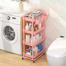 3 Tier Plastic Rolling Storage Cart With Extra Hanging Cups Handles Lockable Wheels For Living Room Bathroom Kitchen Office White - Pink - View 3