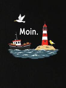 Men's "Moin" Nautical Lighthouse & Boat Graphic Print Crew Neck Short Sleeve Casual T-Shirt, Black Coastal North Sea Greeting Tee - Black - View 6