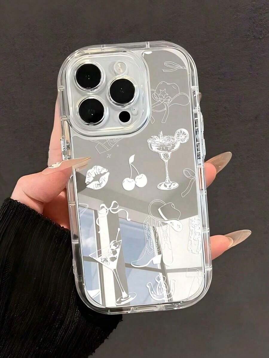 Does Not Include Lanyard Or Stand. 1 Soft Phone Case With Western Cowgirl Cocktail Lips With Cherries And Bow Boot Design, Mirror, Full Coverage, Non-Slip, Compatible - Multicolor - View 1