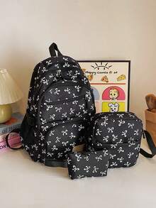 Women's 3-Piece Backpack Set, Pink Bow Print, Nylon Fabric, Multi-Pocket Design, Casual Style, Suitable For School, Travel And Daily Use - Multicolor - View 15