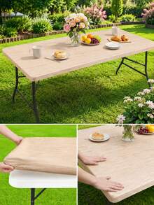 1pc-Natural Wood Grain Round Elastic Fitted Table Cover, Simple Farmhouse Stretch Polyester Tablecloth With Elastic Edge, Washable Snug Fit Table Cover For Outdoor Dining, Picnic, Camping, Garden Patio Decor - Multicolor - View 11