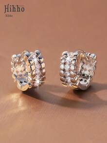 Hihho 1 Pair European & American Luxury Style Premium Double Row Bead Zirconia Small Ear Cuffs, Alternating Metal Round Beads And Full Zirconia Inlay, Elegant & Exquisite Atmosphere, Suitable For Daily Commute, Date, Party, Multiple Occasions, Can Be Layered With Multiple Ear Piercings Or Paired With Ear Clips - Earrings - View 2