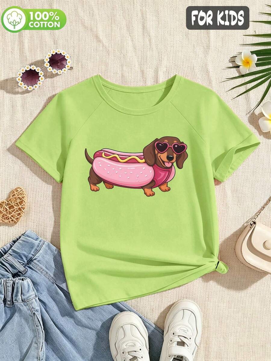 Camiseta de niña de estilo de verano 100% algodón en verde fresco, con estampado personalizado de perro salchicha, suave y transpirable para comodidad todo el día - Fruta Verde - Ver 1