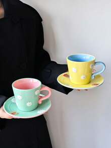 1 Set Dopamine Relief Hand-Painted Ceramic Coffee Cup & Saucer, Korean Cute Ins Style Niche Design Coffee Cup, Paired With Cartoon Bear & Flower Pattern Saucer, Girly Personalized Cup, Perfect For Coffee & Afternoon Tea, Gift - Multicolor - View 4