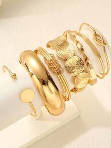 7pcs Set Vintage Exaggerated Luxury Geometric Design Wide Metal Bangle Bracelet Set, Suitable For Daily Wear And Gifts - 7pcs Round Bracelet - View 4