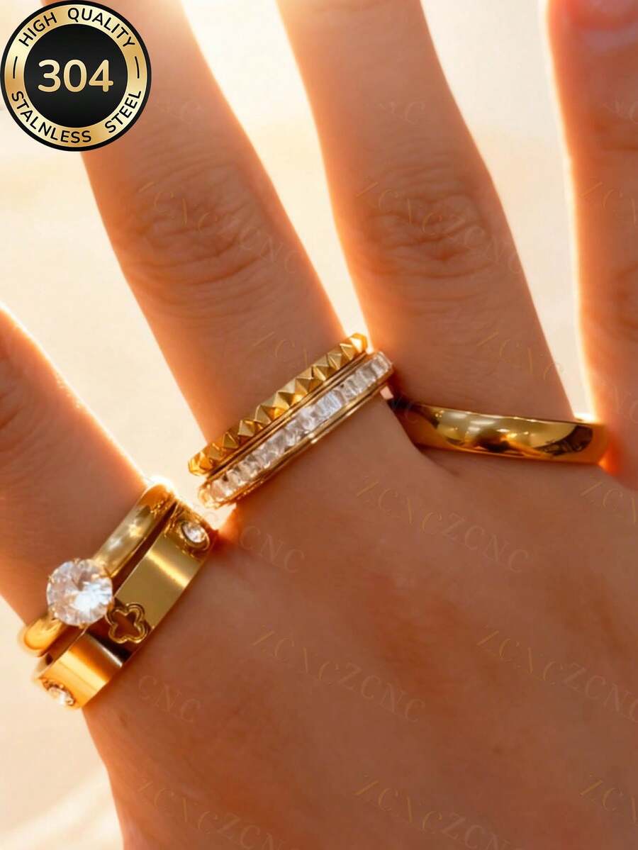 Znice 2026 Nouvel ensemble de bracelet et jonc en acier inoxydable élégant avec fleur à quatre feuilles et strass pour femmes, à la mode, durable, imperméable et inaltérable, cadeau de Noël et de la Saint-Valentin pour la mère et la fille - Or 3 - Voir 1