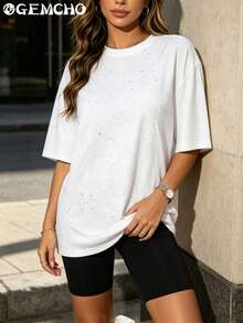 Women's Sequin Print Casual Loose Round Neck Short Sleeve T-Shirt, Shiny Sequin Tee For Summer Daily Wear Sports - White - View 1