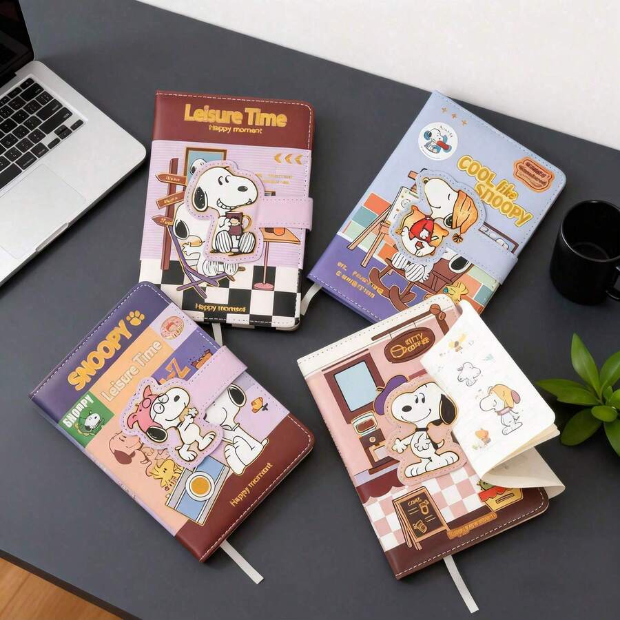 SNOOPY 1pc Cartoon Notebook A5 Hot Stamping Notebook Cross Border Button Notebook Student Handbook Learning Stationery,New Year's Gift, Valentine's Day Gift, Easter Gift(Random Style) - Multicolor - View 1