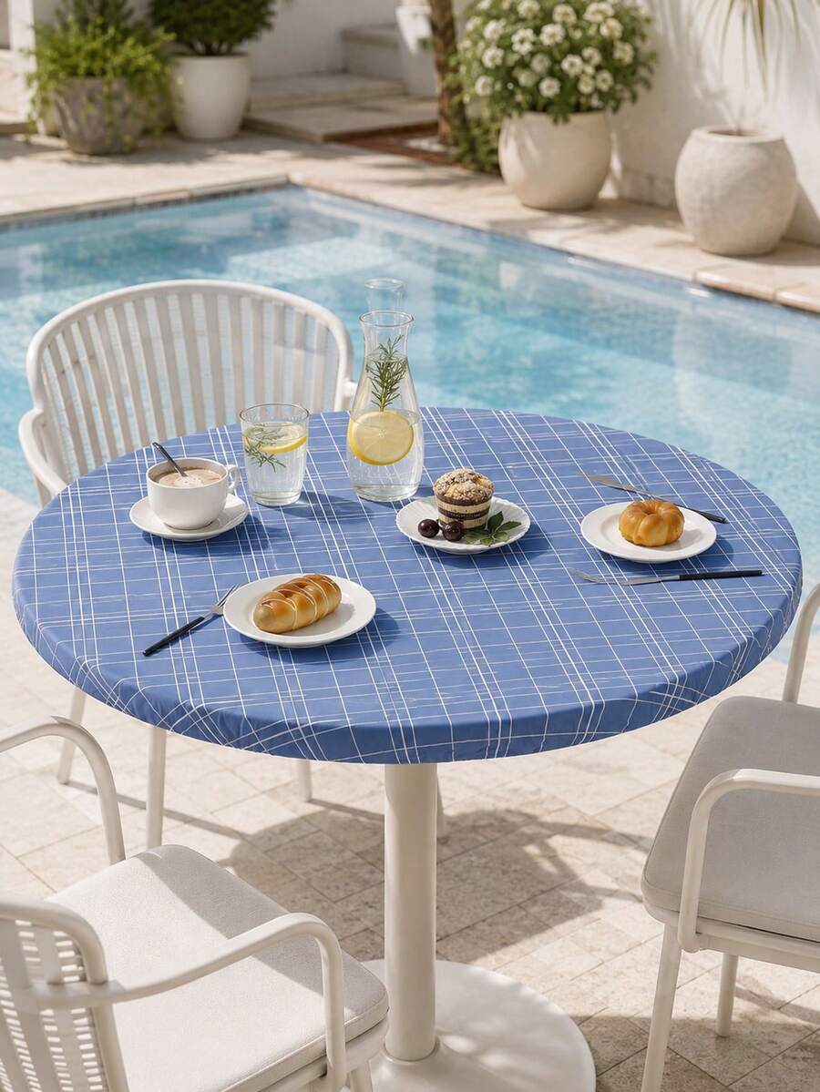 1pc-Blue Plaid Round Elastic Fitted Table Cover, Classic Checkered Stretch Polyester Tablecloth With Elastic Edge, Washable Snug Fit Table Cover For Patio Poolside Dining, Kitchen, Picnic, Indoor Outdoor Use - Multicolor - View 1