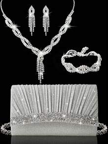 Elegant Women's Evening Clutch, Sparkling Rhinestone Pleated Handheld Banquet Bag V-Shaped Flap Envelope Bag, Comes With Sparkling Rhinestone Jewelry, Shiny Clutch, Perfect For Parties, Weddings, Proms, Evening Dinners, Wedding Dresses, Formal Occasions, Prom Dresses, Birthday Dresses - Silver - View 2