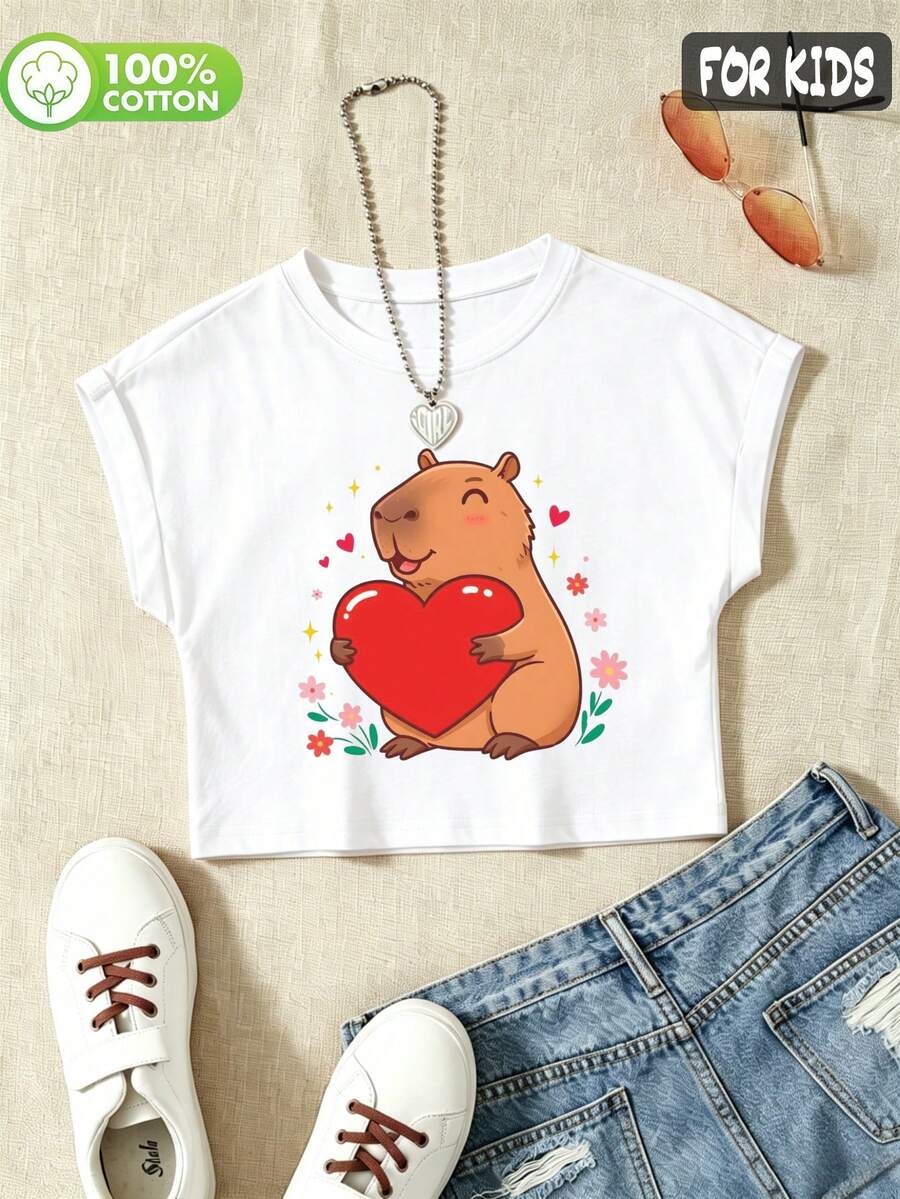 Summer Pure Cotton Girls' Rolled Sleeve Short T-Shirt, Cute Capybara Graphic Print, Soft Breathable Loose Fit Comfortable - White - View 1