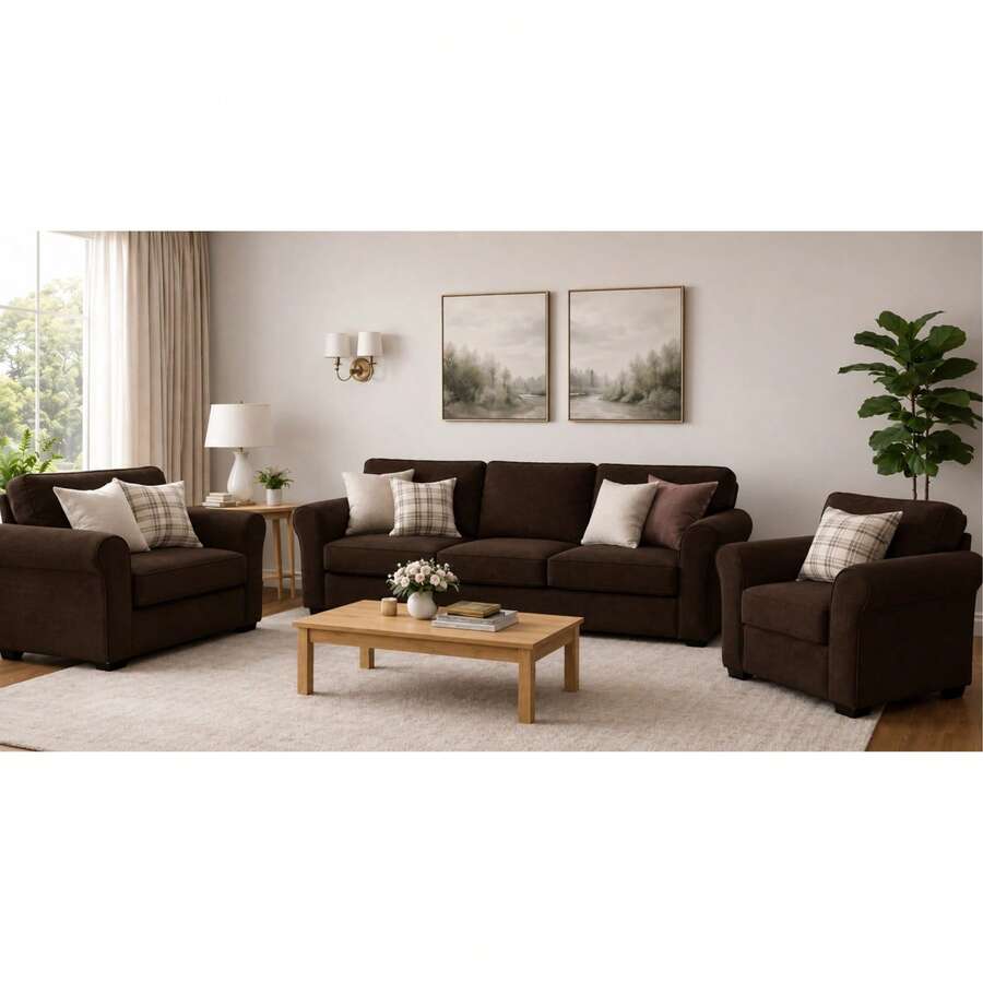 3-Piece Stretch Elastic Sofa Cover Set, Complete Living Room Set - Chocolate Brown - View 1