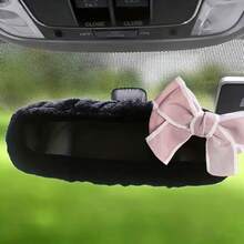 1pc Solid Color Plush Car Rearview Mirror Cover, DIY Car Interior Decoration Protective Sleeve With Bow - A - View 5