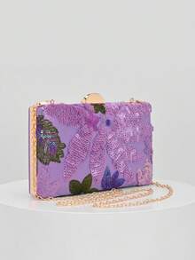 Elegant Shiny Multicolor Leaf & Floral Patchwork Crossbody Bag, Vintage Chain Strap Evening Bag, Mini Square Box Handbag, Suitable For Party Girls, Brides, College Students, Young Professionals, Versatile For Parties, Graduation Ceremonies, Weddings, Perfect Match For Party Accessories, Random Pattern Sent - Violet Purple - View 5