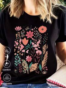 Camiseta de manga corta de moda para primavera y verano de 2026, hecha en México,Estampado de dibujos animados, modelo de pareja, apta para uso interior o exterior. Cuello redondo - Negro - Ver 1