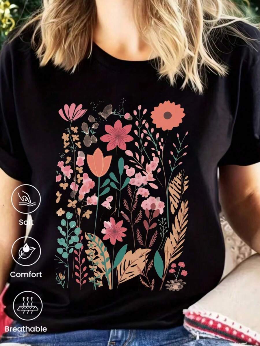 Camiseta de manga corta de moda para primavera y verano de 2026, hecha en México,Estampado de dibujos animados, modelo de pareja, apta para uso interior o exterior. Cuello redondo - Negro - Ver 1