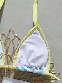 Vacation Textured Striped Halter Bikini Set Contrast Binding Pearl Accent Two Pieces Bathing Suit - Multicolor - View 6