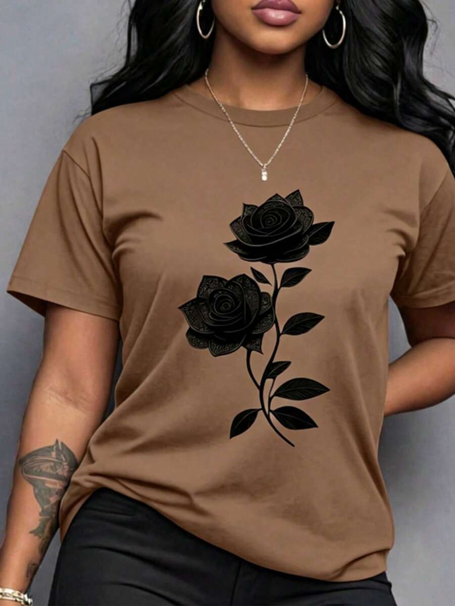 Spring Clothes Women's Clothing, Ladies Plus Size T-Shirt Black Rose Print - Casual Short Sleeve Round Neck Top, Medium Stretch Fabric, All-Season Com - 駝色 - 查看 1
