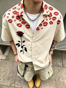 Men's Red Lip Print Black Rose Pattern Short Sleeve Shirt, Casual Street Style Button-Down Shirt, Men's Holiday Wear - Multicolor - View 2