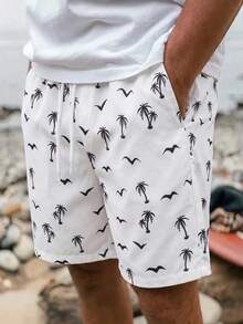 Men's Drawstring Waist Coconut Tree Print Casual Versatile Beach Shorts, Summer - White - View 1