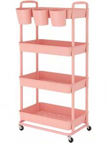 3 Tier Plastic Rolling Storage Cart With Extra Hanging Cups Handles Lockable Wheels For Living Room Bathroom Kitchen Office White - Pink - View 8