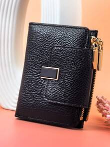 Dompet Pendek Wanita Baru dengan Gesper, Dompet Koin dan Kartu dengan Resleting Ganda PU Lembut yang Indah, Minimalis, Modis, dan Ringan - Hitam - View 5