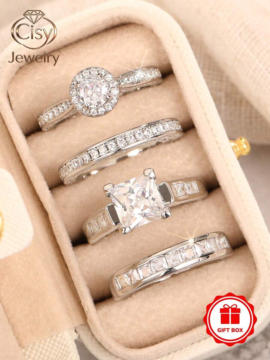 4pcs Cubic Zirconia Stone Ring Set With Gift Box, Suitable For Women, Applicable For Wedding, Engagement, Anniversary Party, Jewelry Valentine's Day Gift - 1# - View 1