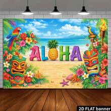 1pc Hawaiian Aloha Beach Party Backdrop Banner, Polyester Material, Colorful Letters Pineapple Parrot Tiki Mask Design, Suitable For Luau Theme Birthday, Pool Beach Party, Summer Event Photo Backdrop - A - View 6