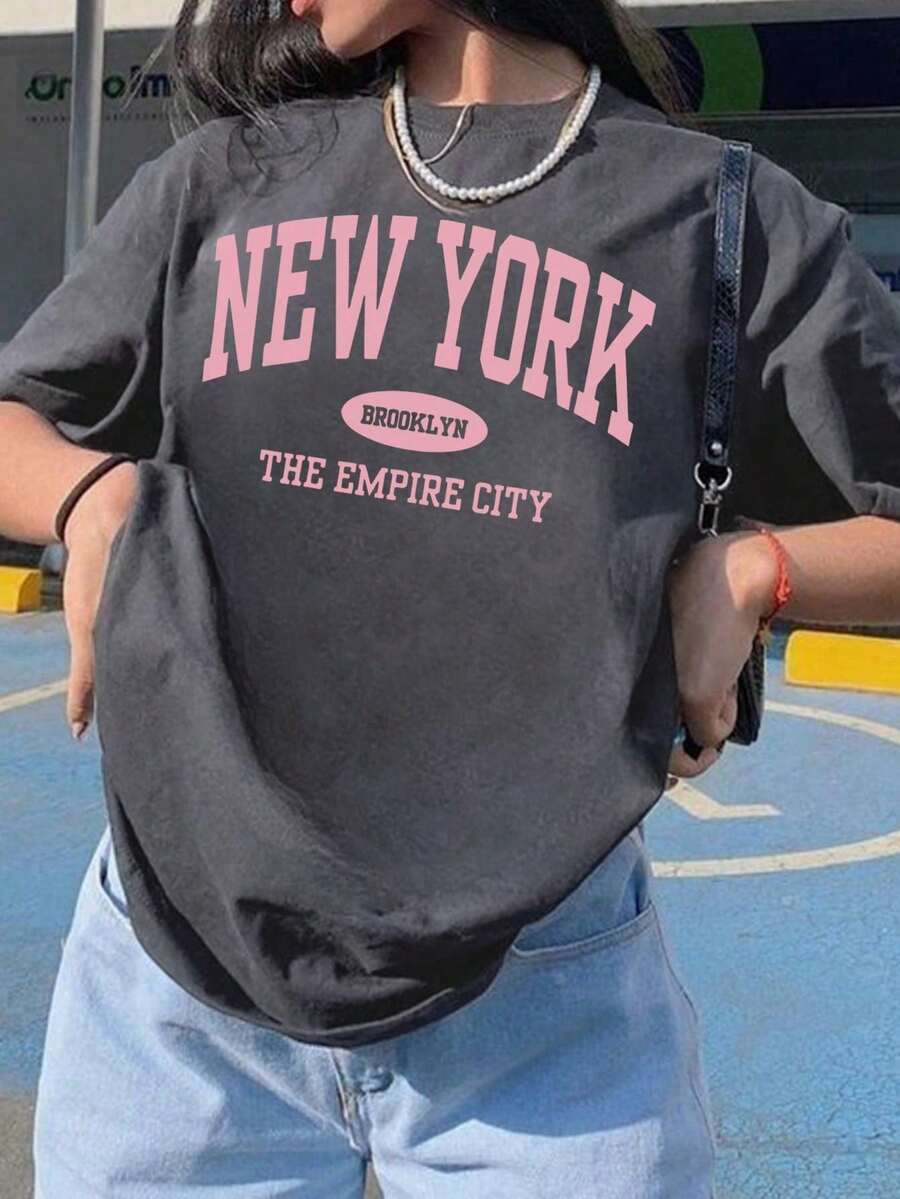 Camiseta de mujer de manga corta con cuello redondo y estampado de letras, casual y versátil para uso diario - Gris oscuro - Ver 1
