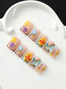 10pcs Handmade Press-On Nails, French Short Square Acrylic Fake Nails With 3D Butterfly, Flower And Starfish Decor, Reusable Removable Hand-Painted Nail Art Set, Long-Lasting And Durable, Y2K Style, Suitable For Daily Wear And Party - Multicolor - View 3