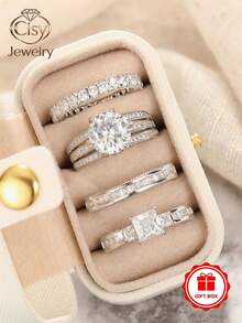 4pcs Elegant Cubic Zirconia Stone Rings Set With Gift Box, Suitable For Women, Applicable For Wedding, Engagement, Anniversary Party, Jewelry Valentine's Day Gift And More - 1# - View 10