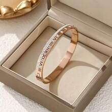 1pc Single Row Full Rhinestone 6mm Roman Letter Bracelet, Stainless Steel Vacuum Plated, Luxury Versatile Open Cuff - Multicolor - View 12