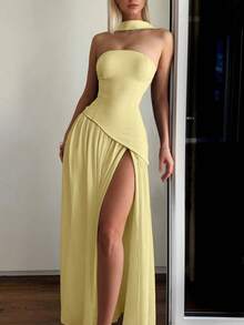 Black-White Strapless Choker Maxi Dress, Asymmetrical Top High Slit Formal Evening Party Gown - Yellow - View 1