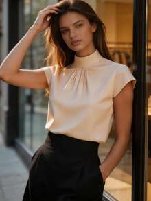 Women's Elegant Mandarin Collar Short Sleeve Blouse - Crisp White Satin-Like Fabric, Versatile For Work, Party, Spring/Summer/Autumn, Classic Solid Color, Crease-Resistant Design, Flattering - Apricot - View 5