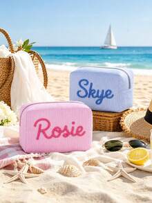 Bolsa de maquillaje de tela arrugada personalizada, bolsa de aseo con nombre de chenilla personalizada, bolsa de almacenamiento de viaje para vacaciones de verano en la playa, regalo de viaje para niñas - Multicolor - Ver 9