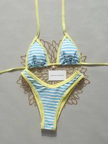 Vacation Textured Striped Halter Bikini Set Contrast Binding Pearl Accent Two Pieces Bathing Suit - Multicolor - View 2