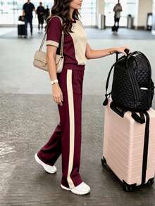Conjunto de 2 piezas de mujer para primavera/verano con top de cuello redondo de manga corta y pantalones rectos - Albaricoque + Rojo vino - Ver 5